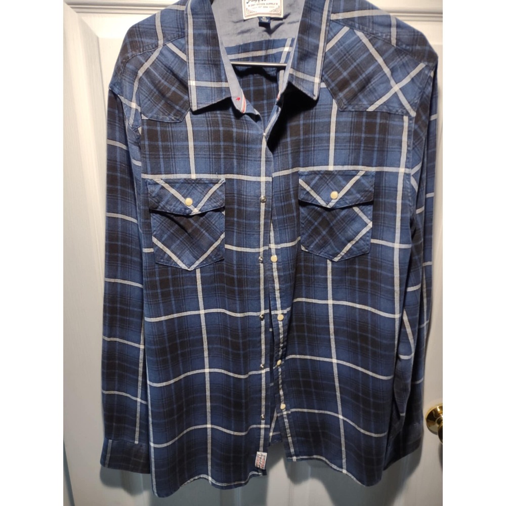Flag & Anthem Mens XL Blue‎ Plaid Western Snap Front Long Sleeve Flannel Shirt